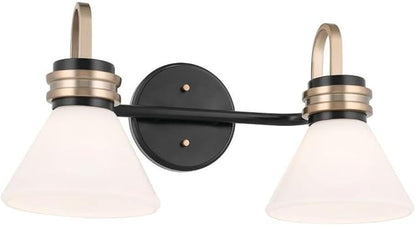 Kichler Farum 2-Light Bathroom Vanity Light Fixture with Opal Glass in Black with Champagne Bronze Accents, Modern Damp Rated for Over Mirror (19.25" x 9.5" x 9.5"), 55154BK
