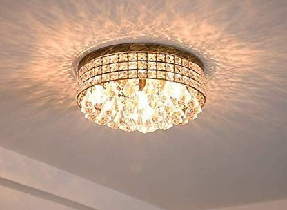 Maxax 4-Light Traditional Crystal Chandelier, Bronze Drum Ceiling Light Fixture with Round Metal Shade & Raindrop Crystals, 15,7" Vintage Flush Mount for Dining Room, Bedroom, Entryway