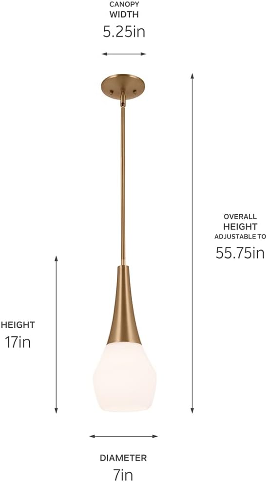 Kichler Deela Single Pendant Light Fixture for Kitchen Island with Satin Etched Cased Opal Glass in Champagne Bronze, Modern Hanging Lamp (7" x 17"), 52529CPZ