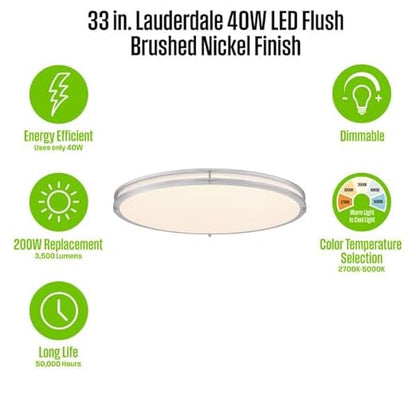 Westinghouse Lighting Lauderdale Transitional Contemporary One-Light, 33 Inch 40 Watt LED Indoor Flush Mount Fixture with Color Temperature Selection, Brushed Nickel Finish, Frosted Acrylic Shade