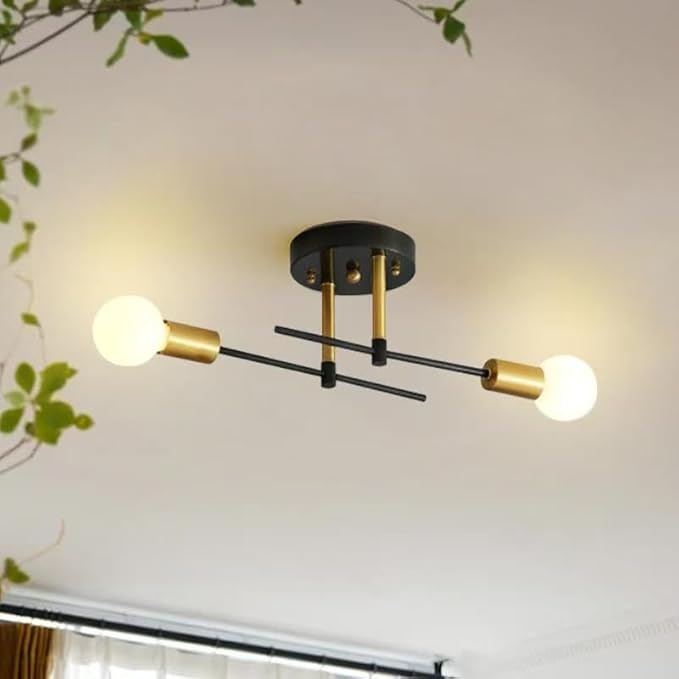 Modern Sputnik Chandelier 2-Light Adjustable Ceiling Light Fixture Black Semi Flush Mount Ceiling Lamp with E26 Base Industrial Ceiling Light for Dining Room Bedroom Foyer Hallway Living Room