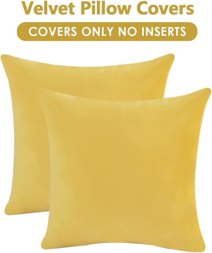 Krifey Throw Pillow Covers Velvet Decorative Square Pillowcase Soft Cushion Case for Summer Couch Bedroom 18x18 Inch Lemon Yellow, Pack of 2
