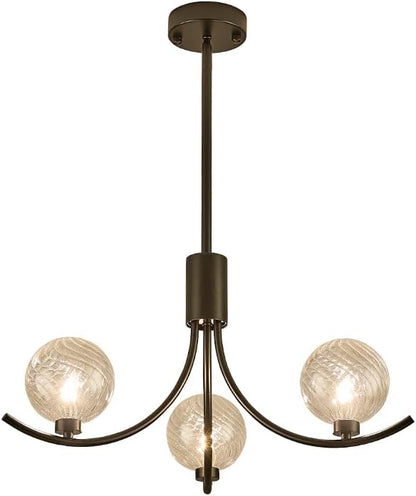 3-Head Black Modern Chandelier with 3 Clear Glass Globe Bulbs, Chandelier, Elegant Lamps with Black Accents, Ceiling Light for Living Room Kitchen Island Bedroom Entryway