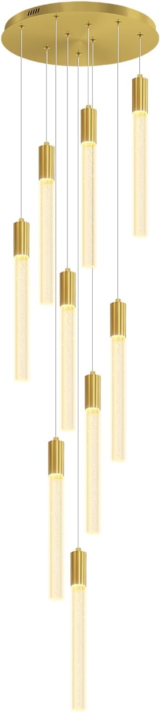 Modern 9-Light Crystal Chandelier – 98" High Ceiling Design Gold Dimmable LED Pendant Light for Foyer Living Room Hallway Staircase