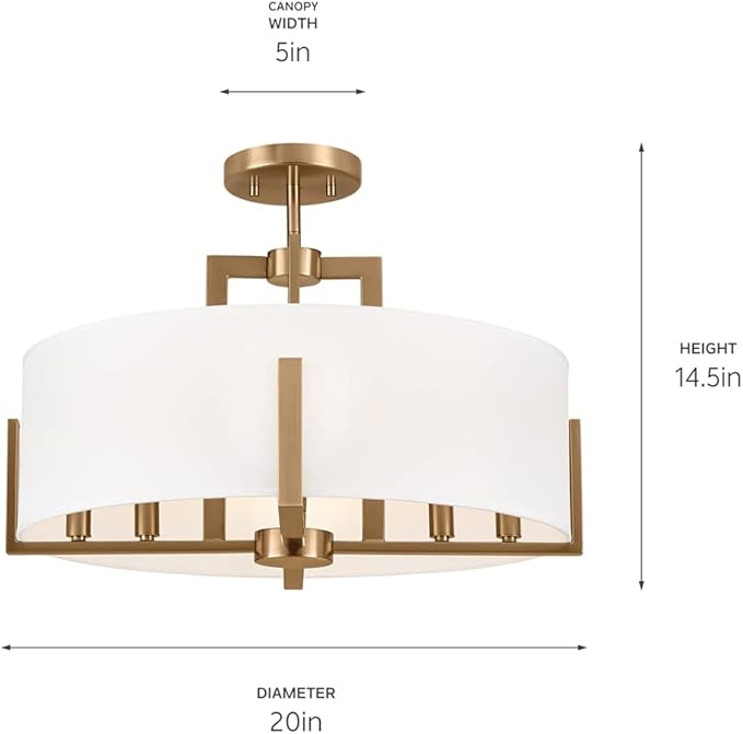 Kichler Malen Convertible Semi-Flush Mount 8-Light 20" Ceiling Light Fixture with White Fabric Shade in Champagne Bronze for Dining Room, Living Room, or Bedroom, 52592CPZ