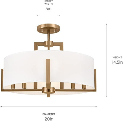 Kichler Malen Convertible Semi-Flush Mount 8-Light 20" Ceiling Light Fixture with White Fabric Shade in Champagne Bronze for Dining Room, Living Room, or Bedroom, 52592CPZ