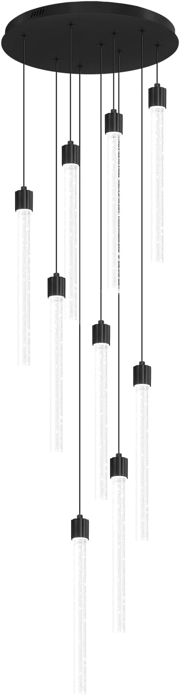 Modern 9-Lights Black Crystal Column Chandeliers for Entrance Dimmable LED Pendant Lighting Hanging Lights for Dining Room Bedroom Foyer Staircase Living Room