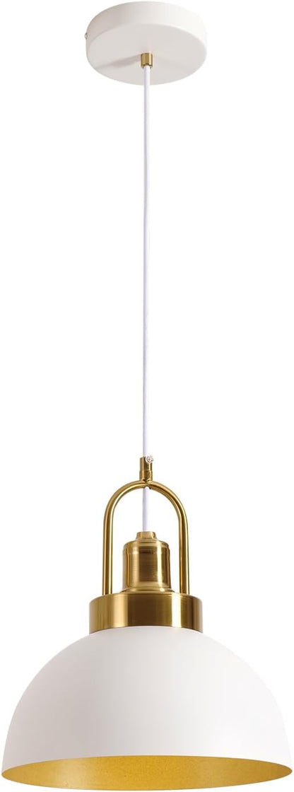 Vintage Pendant Light White and Gold Pendant Light with 9.84 Inch Round Dome, Brass Socket, and 78.74 Inch Cord - Perfect for Kitchen Island, Dining Room, Hallway