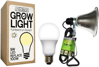 Miracle LED Un-Edison Grow Light Clamp-on Kits, 9W Full Spectrum White Daylight for Vegetables, Herbs, Hydroponics (1-Pack)
