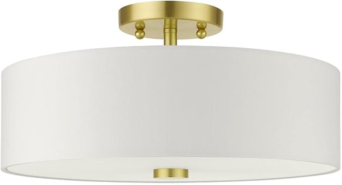 Livex Lighting 51054-12 Meridian Collection 3-Light Semi Flush Mount Ceiling Light with Off-White Hardback Fabric Shade, Satin Brass