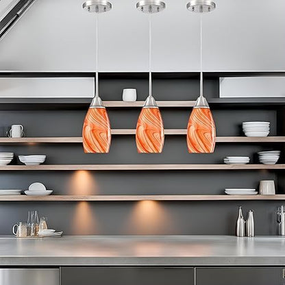 Viinew Mini Glass Pendant Light 4.72" with Handblown Orange Marble Art Glass Hanging Light 3-Pack Oval Ceiling Hanging Light Fixture for Dining Room Kitchen Island Cafe Foyer Hallway