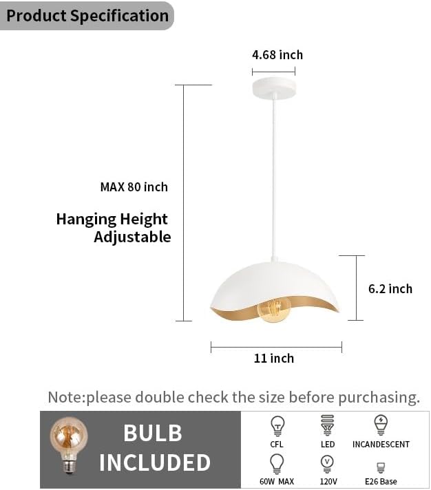 Modern White LED Pendant Light (LED Bulb Included), Soft Ambient Hanging Lamp, Minimalist Ceiling Fixture for Kitchen Island, Dining Room, Scandinavian Style Lighting (2 Pack)