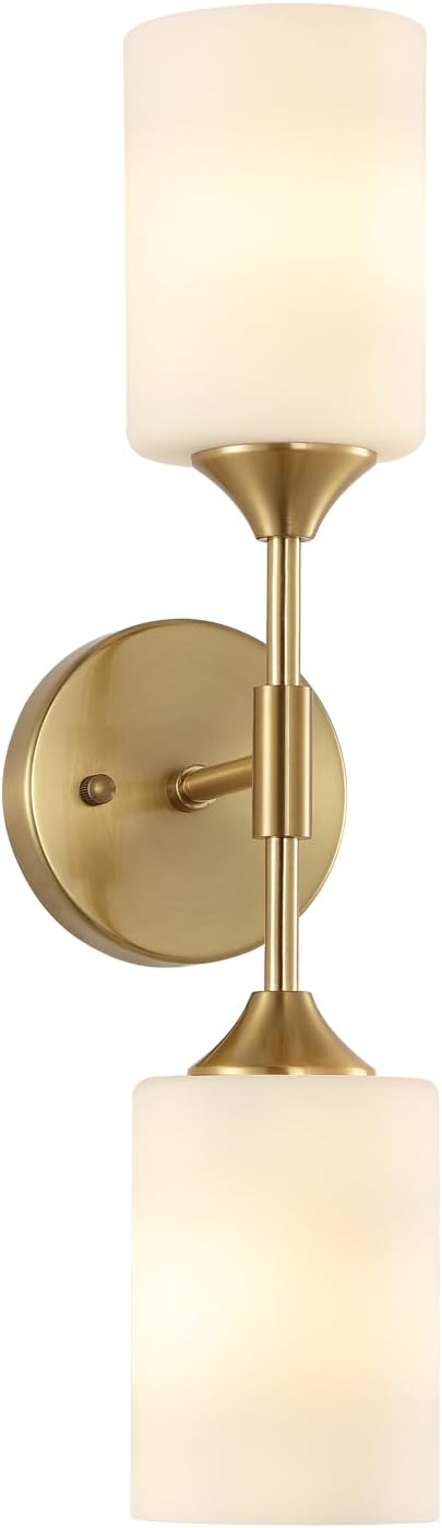 BYOLIIMA 2-Lights Gold Wall Sconce with White Cylinder Glass Shades Modern Mid Century Bathroom Vanity Wall Light Fixtures Industrial Brushed Brass Wall Lamp for Bedroom Mirror Living Room Restaurant