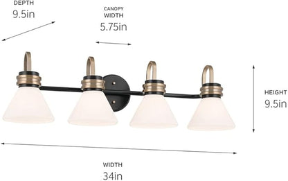 Kichler Farum 34" 4-Light Bathroom Vanity Light Fixture with Opal Glass in Black, Modern Over Mirror Lighting for Single or Double Vanity, Powder Room (34" W x 9.5" H), 55156BK