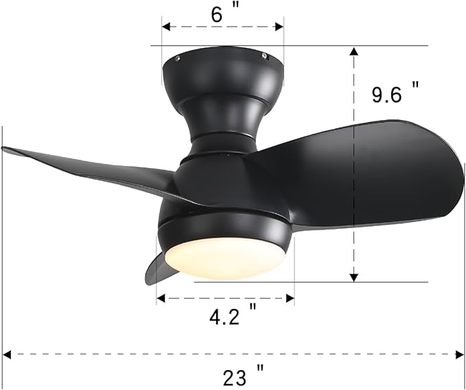 KEIKI 23 Inch Ceiling Fans with Lights & Remote Indoor, Outdoor Modern Ceiling Fan, Small Noiseless Fan w/Dimmable & Timer for Bedroom & Kitchen, 3 ABS Blades & 6 Speed Reversible DC Motor, Black