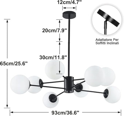 KCO Lighting Black Sputnik Chandelier Ceiling Mount 8-Light Glass Globe Sputnik Chandelier Mid Century Modern Chandelier Light Fixture Kitchen Island Sputnik (Black+White)
