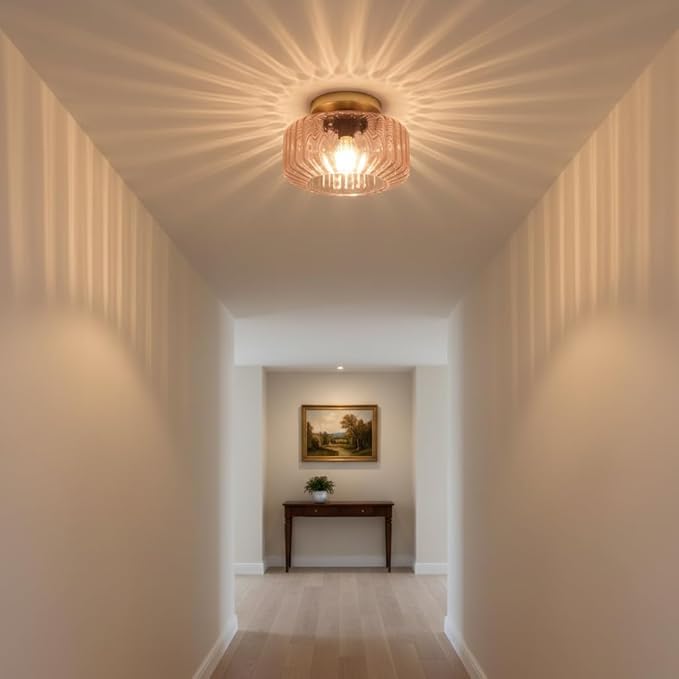 Pink Ribbed Glass Flush Mount Ceiling Light, 8.66" Modern Gold Semi-Flush Mount Light Fixture, Mid-Century Round Ceiling Lamp with E26 Base for Bedroom Bathroom Hallway