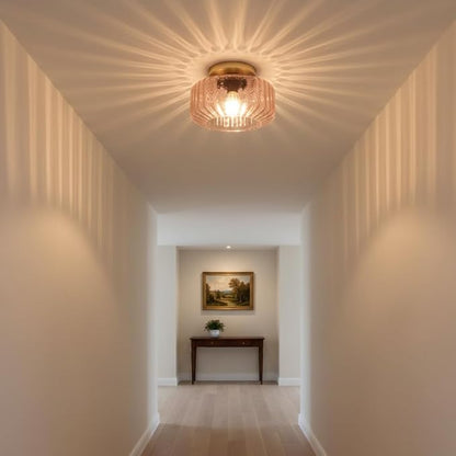 Pink Ribbed Glass Flush Mount Ceiling Light, 8.66" Modern Gold Semi-Flush Mount Light Fixture, Mid-Century Round Ceiling Lamp with E26 Base for Bedroom Bathroom Hallway
