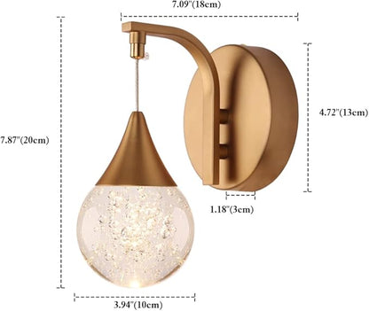 Modern Waterdrop Wall Light, 5W Led Wall Sconce Bubble Glass Wall Lamp for Bedroom, Living Room, Hallway, 3300k Warm White | Dimmable | Matte Brass