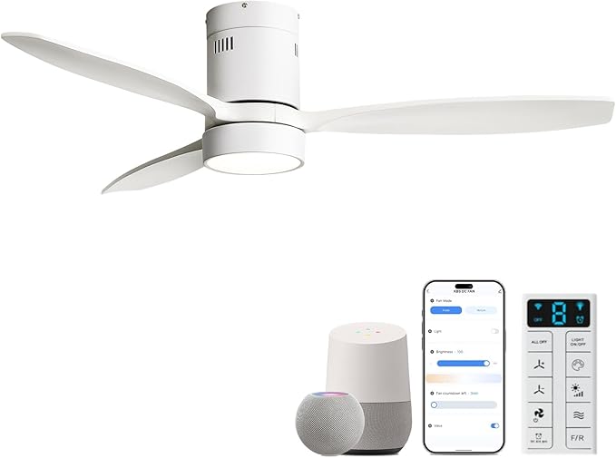 Sofucor 52 Inch Smart Ceiling Fans with Light-Modern Solid Wood Outdoor 3 Blades Ceiling Fan with Light Alexa/Google/APP/Remote Control for Bedroom Living Room Farmhouse Indoor, Quiet DC Motor,White
