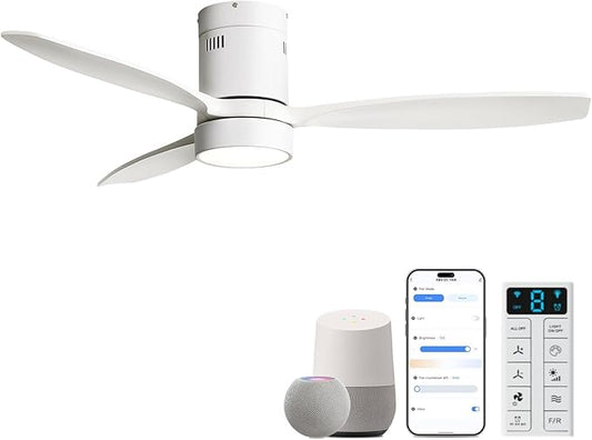 Sofucor 52 Inch Smart Ceiling Fans with Light-Modern Solid Wood Outdoor 3 Blades Ceiling Fan with Light Alexa/Google/APP/Remote Control for Bedroom Living Room Farmhouse Indoor, Quiet DC Motor,White