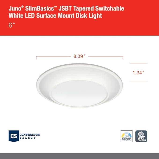 Juno JSBT 6-Inch SlimBasics Tapered Disk Downlight, Switchable, White (6 Pack)