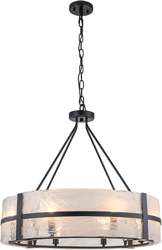 28" Glass Chandelier for Dining Room Large 8-Light Modern Black Drum Chandelier Light Fixture Over Table with Cloudy Glass Shades Hanging Pendant Light for High Ceiling Living Room Foyer