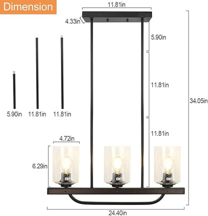 Depuley 3- Light Rustic Pendant Light Fixture, Flush Mount Ceiling Hanging Light with Glass Shade, Adjustable Farmhouse Black Chandelier Lighting for Kitchen Island Dining Room Restaurant, E26 Base