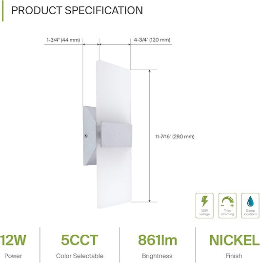 ASD 12 Inch Indoor LED Wall Sconce - 12W 2700K-5000K Dimmable Brushed Nickel Wall Sconce Lights for Living Room, Bedroom, Bathroom, Hallway - Modern Wall Sconces Hardwired, UL Interior Light