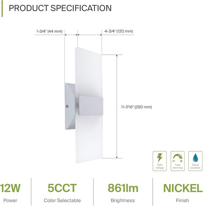 ASD 12 Inch Indoor LED Wall Sconce - 12W 2700K-5000K Dimmable Brushed Nickel Wall Sconce Lights for Living Room, Bedroom, Bathroom, Hallway - Modern Wall Sconces Hardwired, UL Interior Light, Set of 2