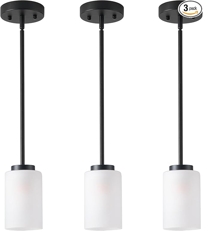 1-Light Mini Pendant Light Fixtures, Industrial Chandelier Hanging Ceiling Lights with Opal White Glass, Adjustable Height, Black Pendant Lamp, 3 Pack