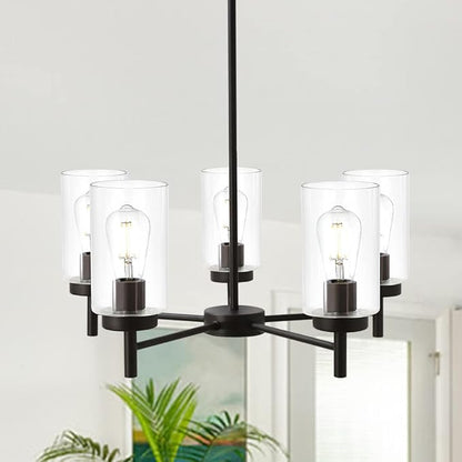 Contemporary 5-Light Large Chandeliers Oil Rubbed Bronze Modern Lighting Fixtures Hanging Clear Glass Shades Pendant Lighting for Dining Room Living Room Kitchen