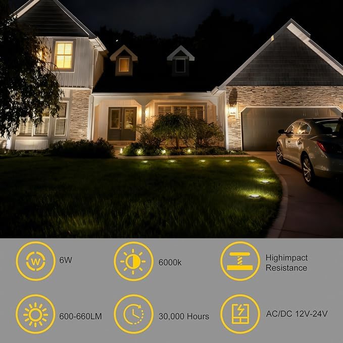 JESLED Outdoor Landscape Lights, 6W LED In Ground Well Lights, 12V 24V 3000K Warm White, IP67 Waterproof Low Voltage Landscaping Spotlight for Driveway Deck Step Yard Fence Garden Pathway (2 Pack)