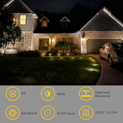 JESLED Landscape Lighting 6W LED Well Lights, 12V 24V Ground Lights 6000K Bright White, IP67 Waterproof Low Voltage Landscape Light Spotlight for Driveway Deck Patio Yard Garden Outdoor (6 Pack)