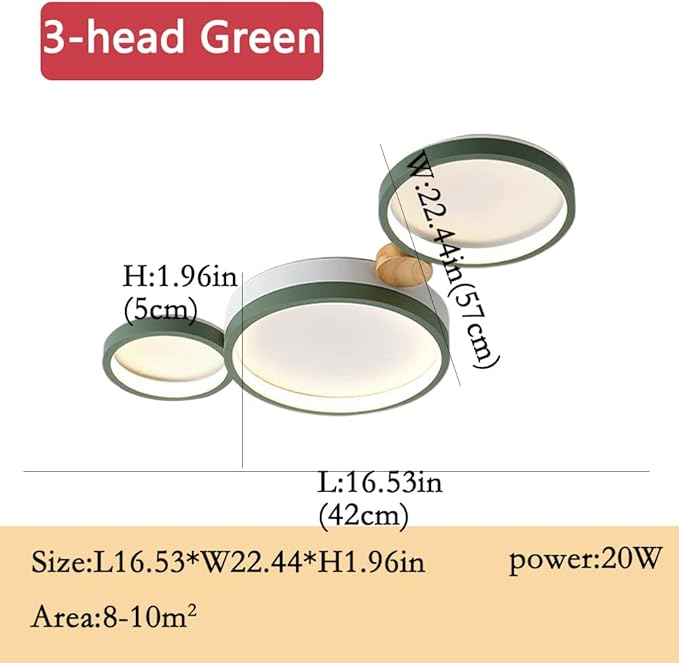 3-Lights LED Ceiling Light Fixture,22 Inch Modern Ceiling Lights Flush Mount Wooden 20W Dimmable Chandelier for Living Room Bedroom Kitchen,3000K/4000K/6000K Temperatures Selectable Green