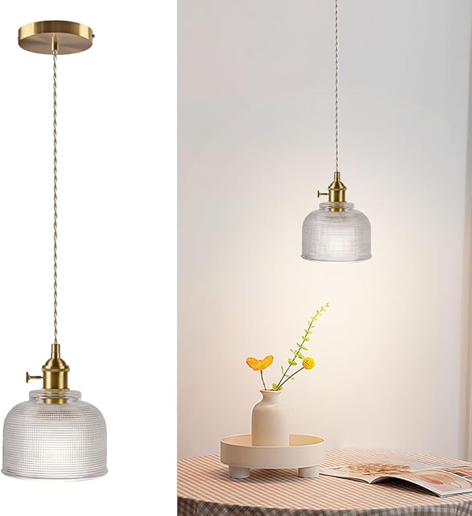 Glass Hanging Lamp Mini Brass Pendant Lights Fixtures 5.7 Inch Vintage Pendant Light Antique Gold Hanging Light for Farmhouse Dining Room Bedroom Hallway Kitchen Island