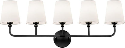 Bathroom Light Fixtures, 5 Light Matte Black Vanity Lights with Flared White Fabric Shade, 35 Inch Wall Sconce, Modern Sconces Wall Lighting for Hallway Bedroom, VL837-MB-5
