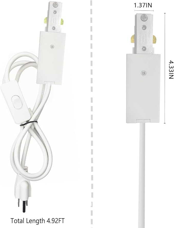 Track Lighting Live End Cord Kit, 1PCS 4.9FT H Track Live End Feed Connector with Cord Plug for H Type Single Circuit 3-Wire-1 Track Lighting System, White
