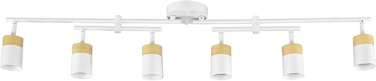 Globe Electric 64000055 42" 6-Light Track Lighting, Double Center Swivel Bar, Matte White, Wood Toned Accents, Ceiling Light, Pivot Shades, 6 Bulb, Kitchen Lights, GU10 Sockets