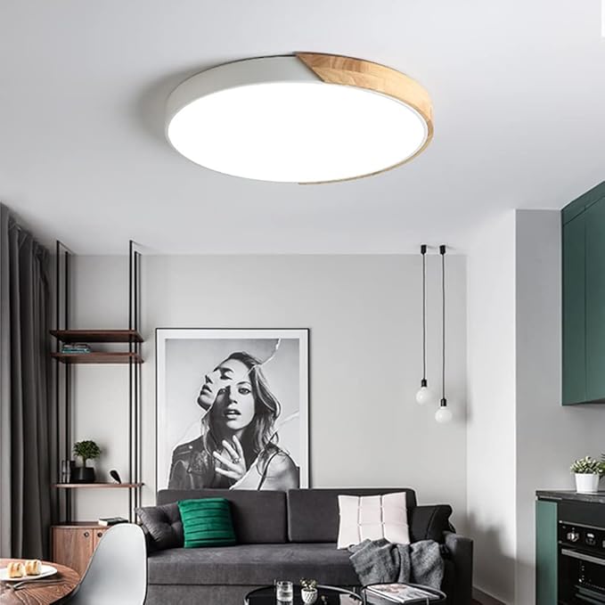 LED Ceiling Light Fixture,12 Inch Modern Wood Recessed Ceiling Lights, Dimmable Light,White 24W Close to Ceiling Lighting Flush Mount Living Room Bedroom,3000K-6000K