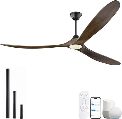 82 inch Large Ceiling Fans with Lights, Damp Rated Outdoor Ceiling Fan for Patios, 3 Wooden Propeller Blades, High CFM Smart Fan with Remote & APP & Alexa Control for Indoor Exterior Commercial