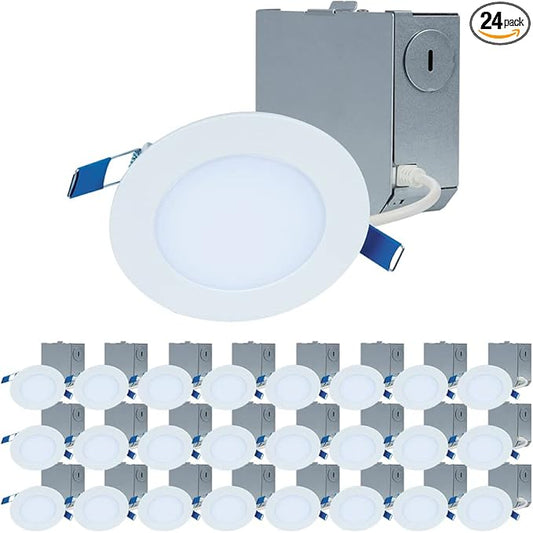 HALO HLBE 24-Pack 4 in Canless LED Recessed Lights, 3000K, 600 Lumens, Wet Location, Dimmable, Ultra-Slim Downlights for New Construction and Remodel - HLBE4069301EMWR-24PK