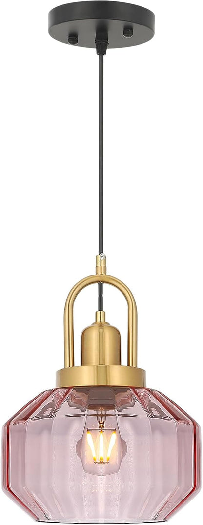 9in Mid Century Modern Pink Glass Pendant Light Fixture, Small Gold Kitchen Island Pendants Light Glass Ceiling Hanging Lamp for Foyer Dining Room Bedroom Entryway Hallway Over Sink
