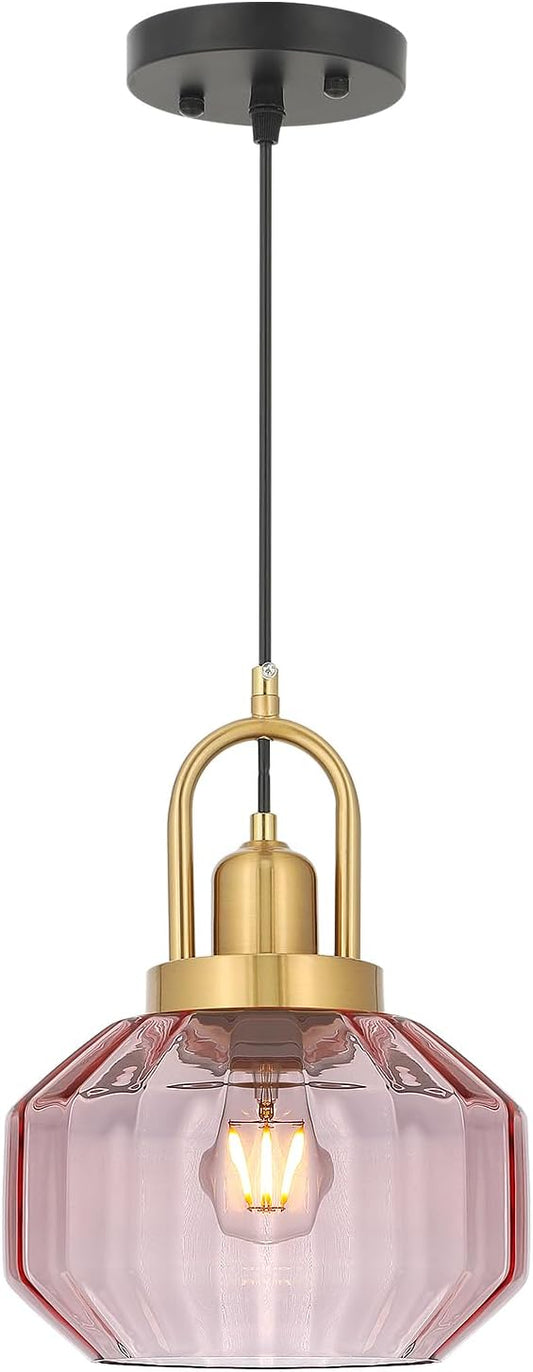9in Mid Century Modern Pink Glass Pendant Light Fixture, Small Gold Kitchen Island Pendants Light Glass Ceiling Hanging Lamp for Foyer Dining Room Bedroom Entryway Hallway Over Sink