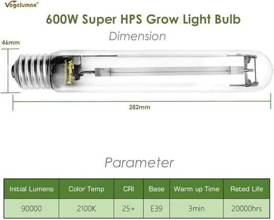 600Watt Hydroponic High Pressure Sodium HPS Grow Light Bulb Lamp,High PAR Enhanced Red and Orange Spectrums,CCT 2100K,Ultra Bright 90,000 Lumens,E39 Base,1pack