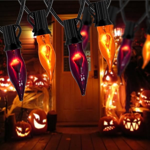 PASUTO Orange and Purple Halloween Lights - Flickering Flame String Lights, 12.8Ft Indoor Outdoor Halloween Lights C7 Retro Flame String Lights, Ideal for Fall Halloweens Decorations for Home Party