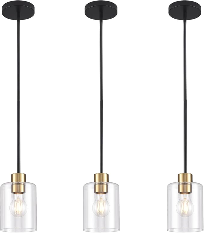 Black Brass Pendant Lights Kitchen Island - Clear Glass Brass Gold Pendant Light Fixture Multiple Stems Rods 3 Units 12 Inch 3 Units 4 Inch (3 Pack Black Brass Downrod)