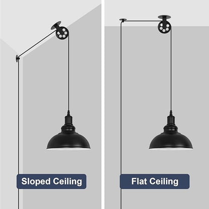 Industrial Black Plug in Pulley Pendant Light with 19.5ft Cord On/Off Switch, Modern Barn Domed Hanging Lamp Ceiling Light for Kitchen Island Dinning Living Room Bedroom Foyer (2 Pack)