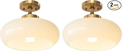 2 Pack Modern Semi Flush Mount Ceiling Light 1-Light Gold Ceiling Light Milky White Glass Shade Vintage Gold E26 Socket (Bulbs Not Included) Rustic Ceiling Light Fixture for Bar Cafe Office