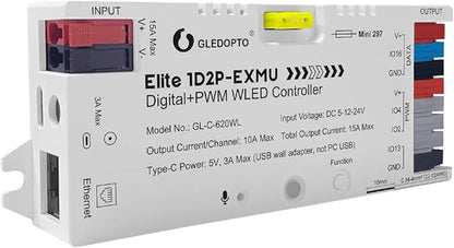 GLEDOPTO Elite Ethernet ESP32 WLED LED Strip Controller Digital RGB IC PWM CCT Monochrome Dual Outputs Built in Fuse Relay I2S PDM Mic for Addressable WS2811 WS2812 WS2815 SK6812 Analog Strip Light